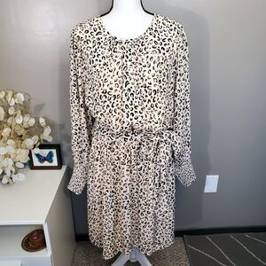 11 Honore Dress Womens Size 14 Tan Animal Print Waist Tie Knee Length Waist Tie